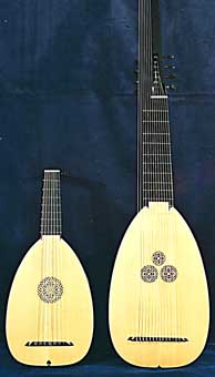 Front view, Left - 7c. 1592 Venere;  Right - Front view, Sellas Theorbo - Grant Tomlinson Lutemaker